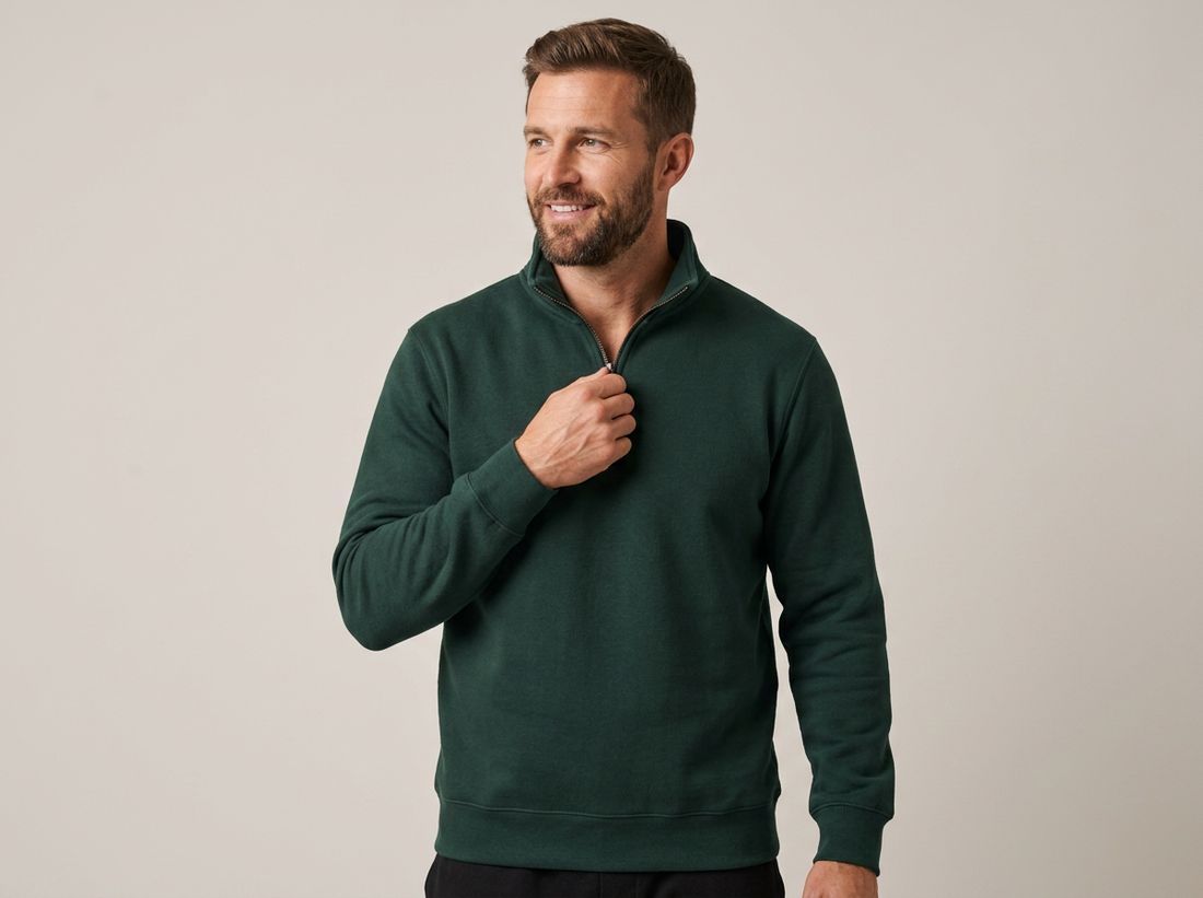 Model in Milltex forest quarter-zip