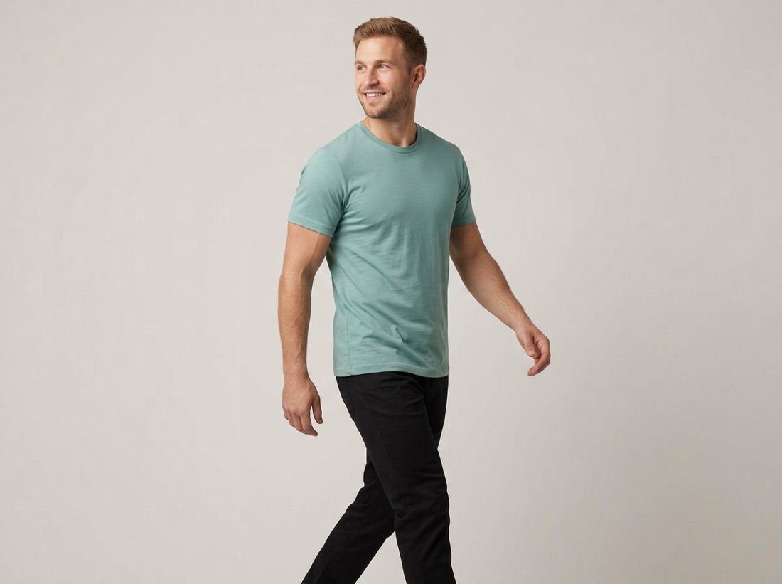 Model in Milltex sage t-shirt