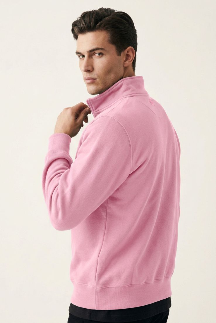 Model in Milltex 935 pink quarter-zip